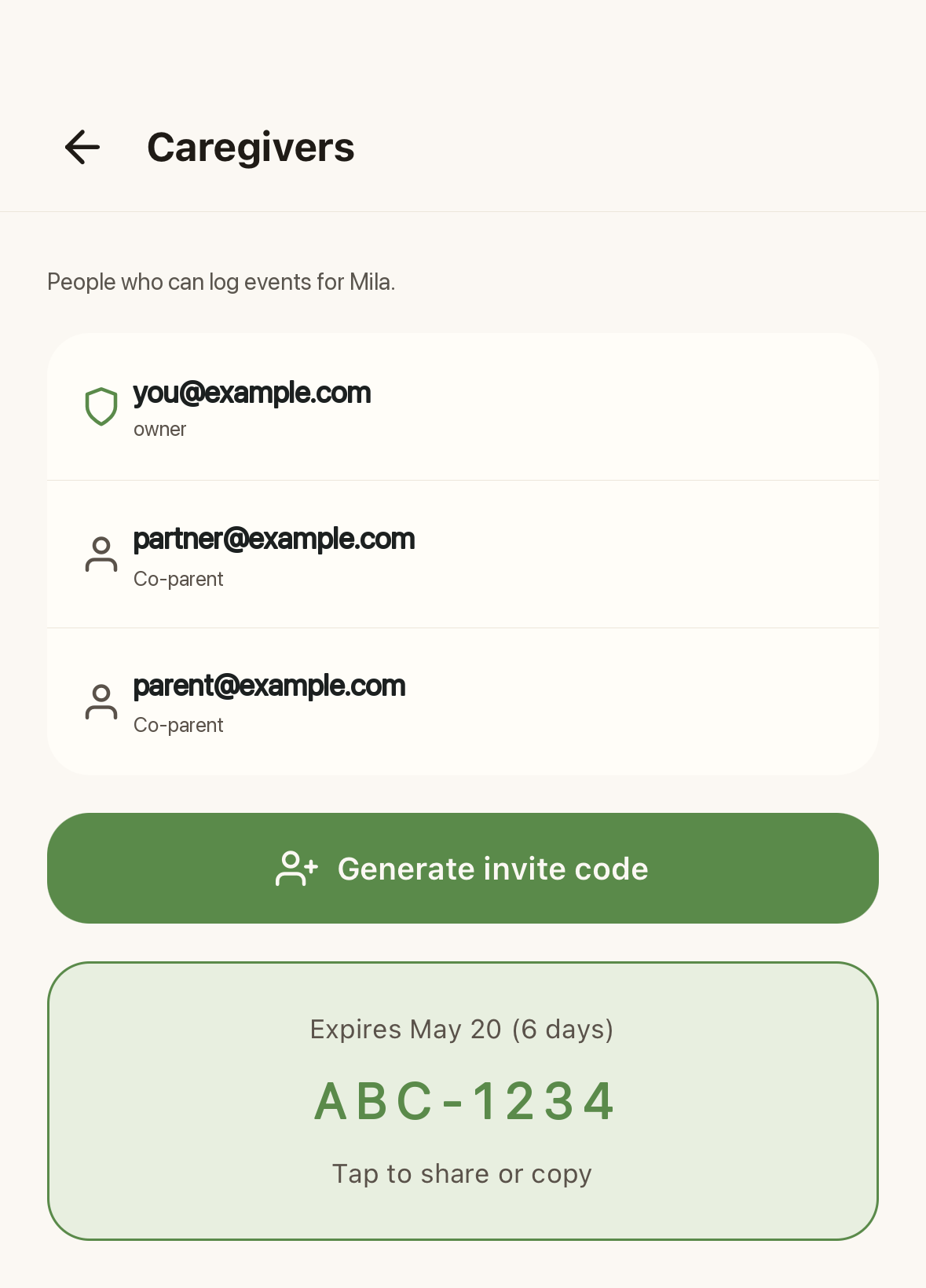 Caregivers list with shareable invite code