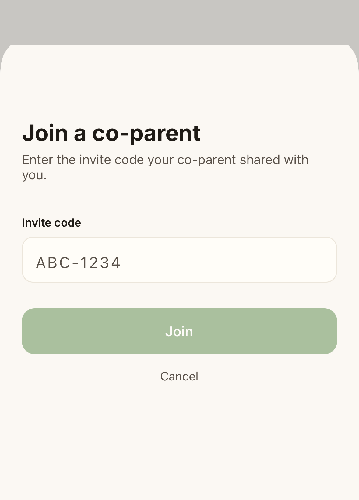 Join-a-co-parent screen with invite code input