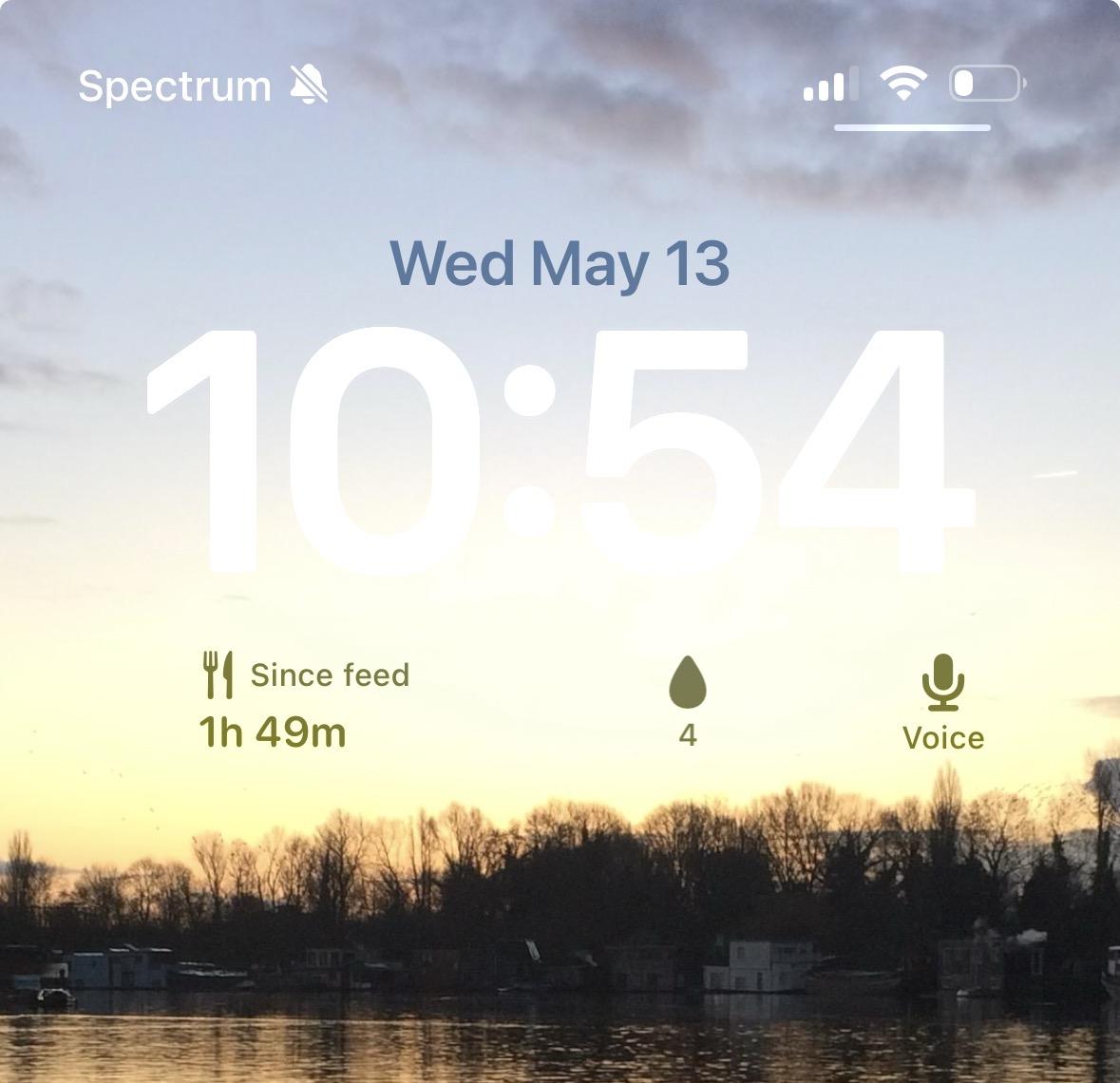 Lock screen at sunset showing since-feed time and a voice button