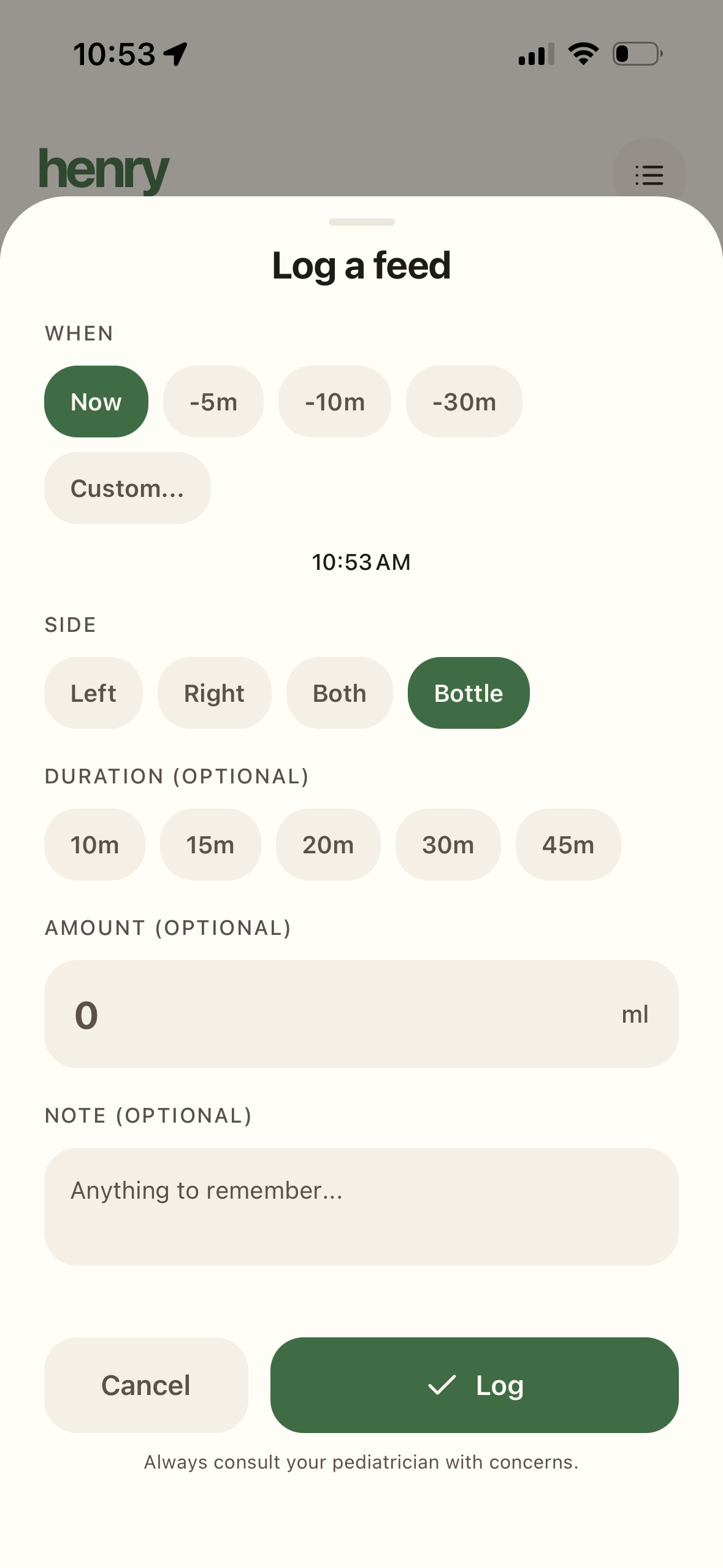 Log-a-feed sheet with side, duration, amount and note